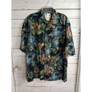 Banana Cabana Men's Large Casual Button-Down Shirt Black 100% Silk Parrot Head
